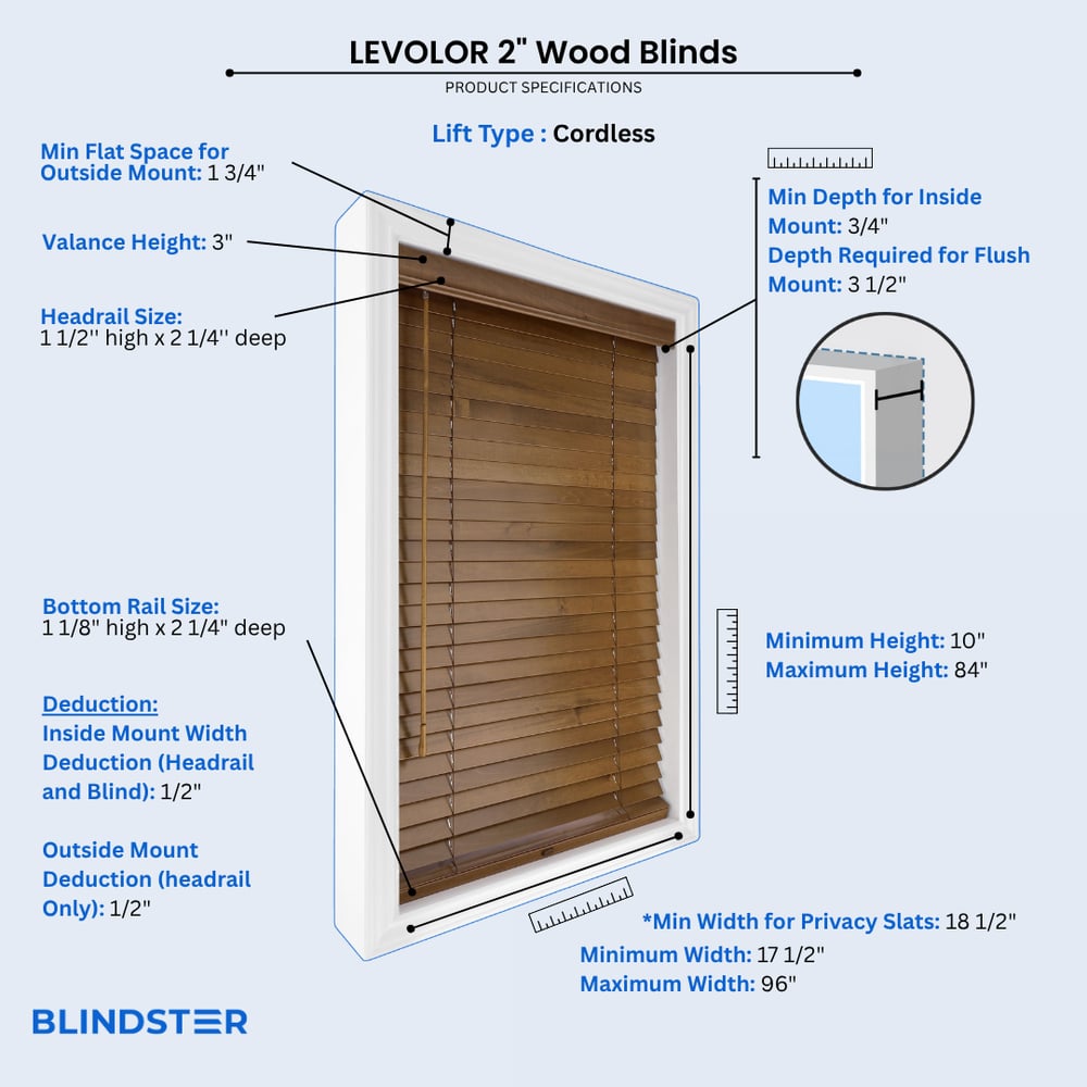 LEVOLOR 2 Inch Wood Blinds dimensions diagram