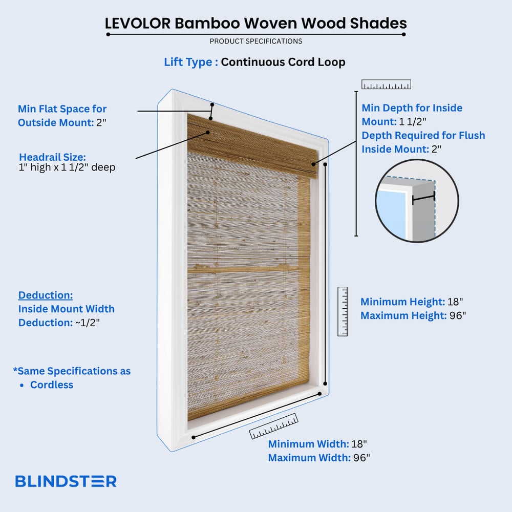 LEVOLOR Bamboo Woven Wood Shades dimensions diagram 1 of 2