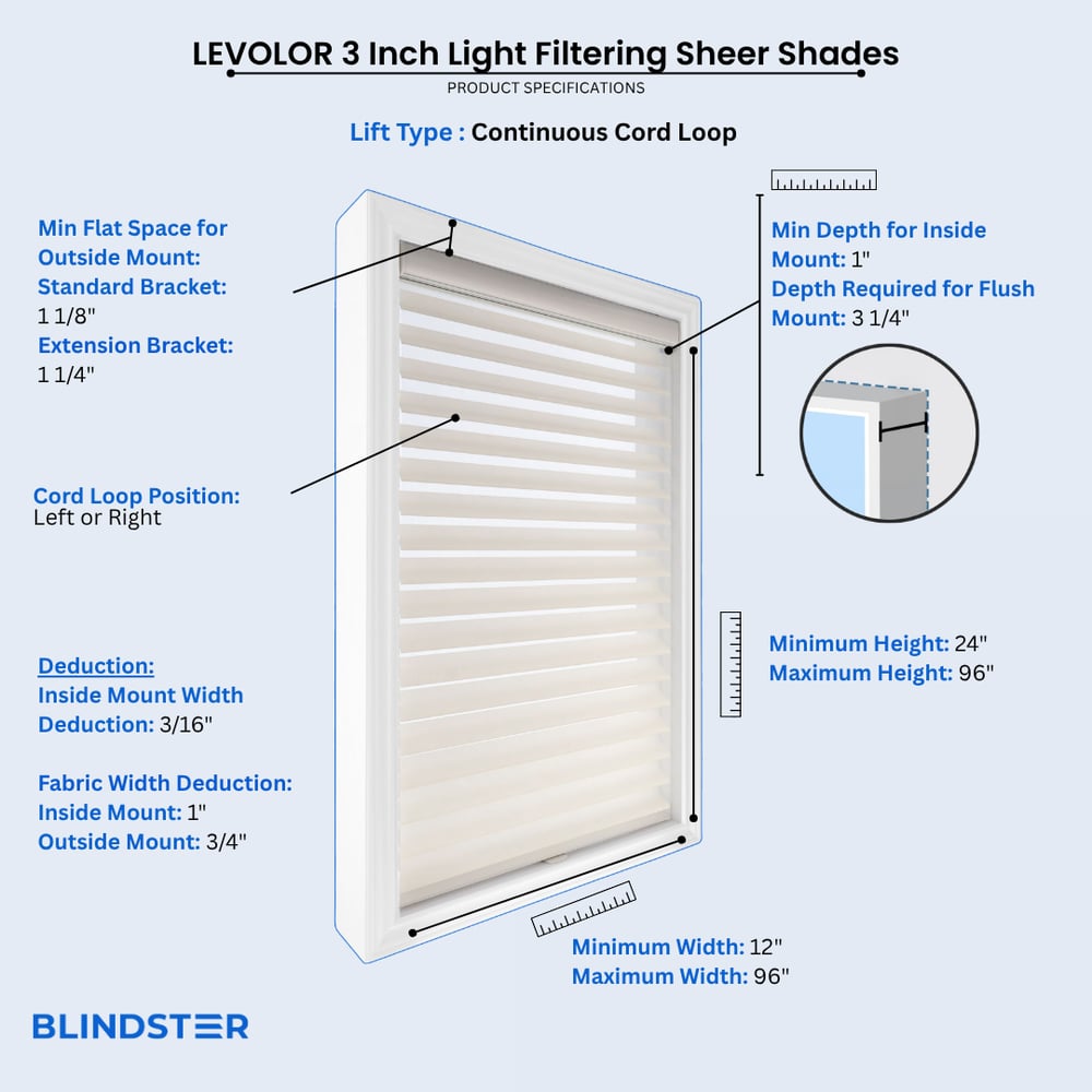 LEVOLOR 3 Inch Light Filtering Sheer Shades dimensions diagram 1 of 3