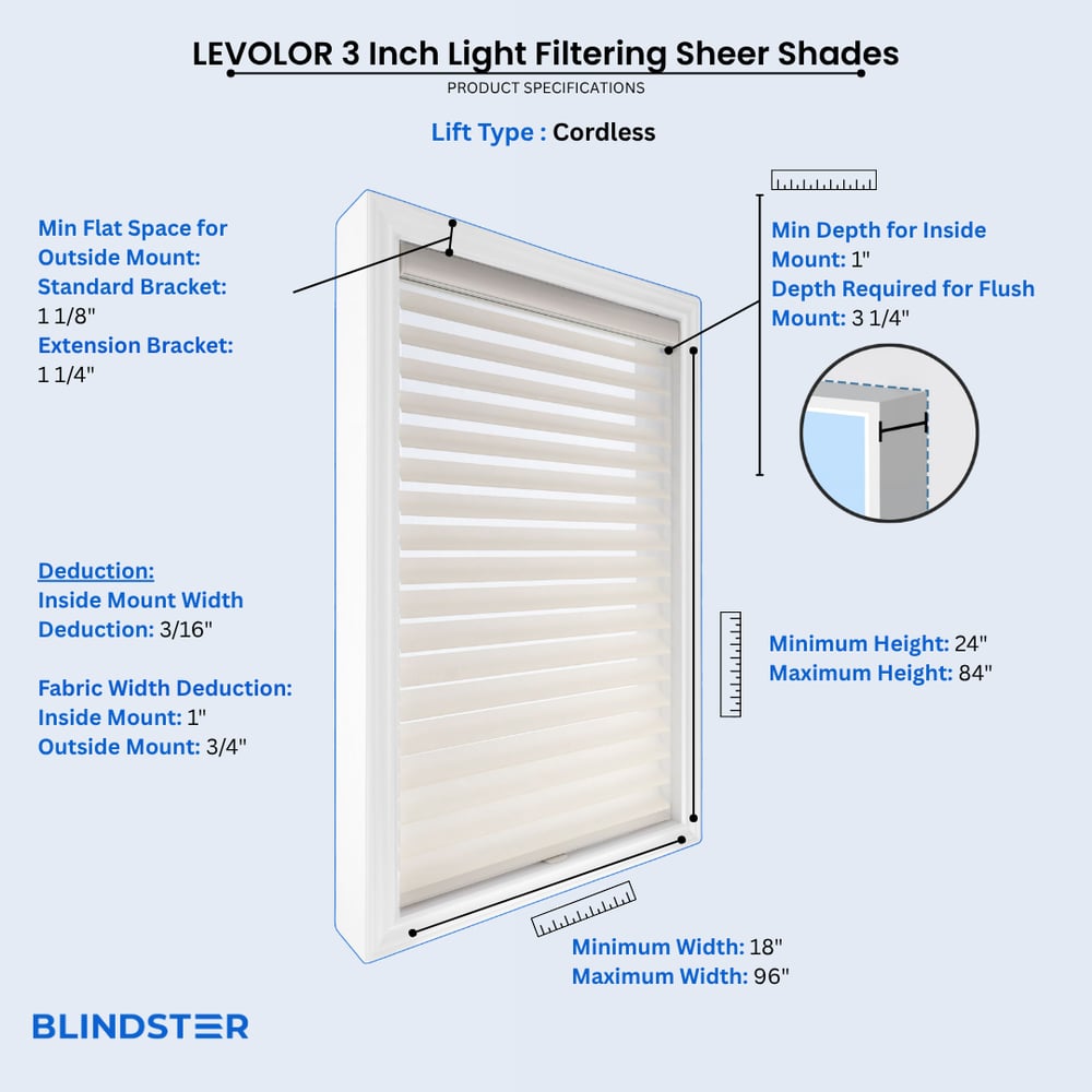 LEVOLOR 3 Inch Light Filtering Sheer Shades dimensions diagram 2 of 3
