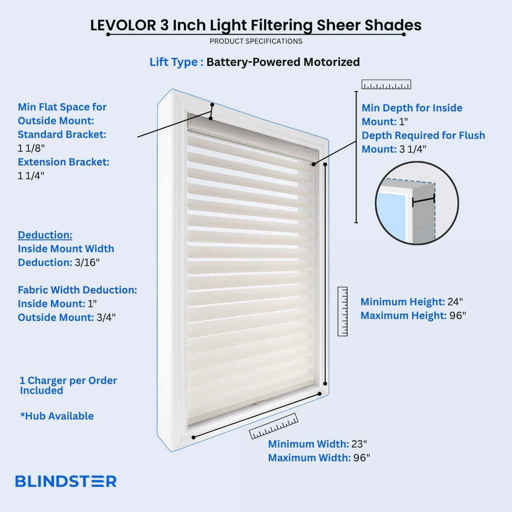 LEVOLOR 3 Inch Light Filtering Sheer Shades dimensions diagram 3 of 3