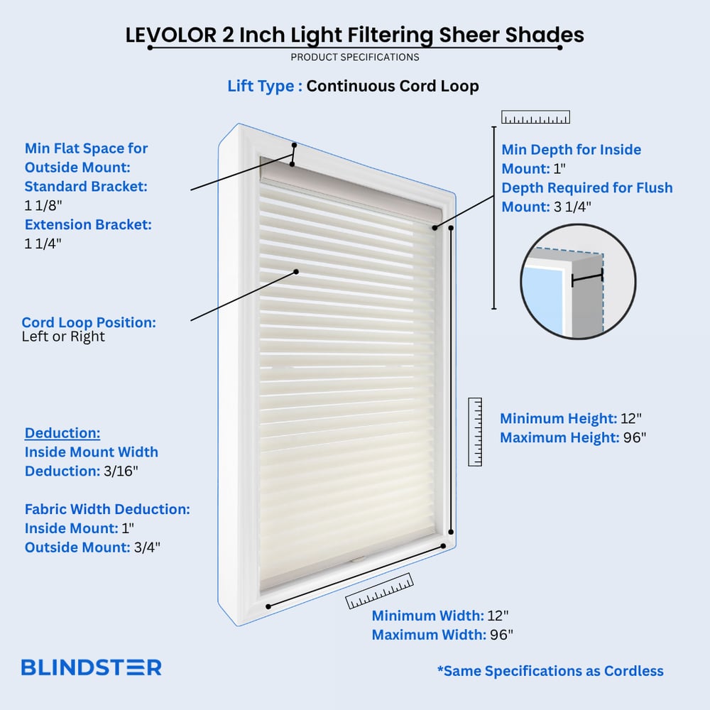 LEVOLOR 2 Inch Light Filtering Sheer Shades dimensions diagram 1 of 3