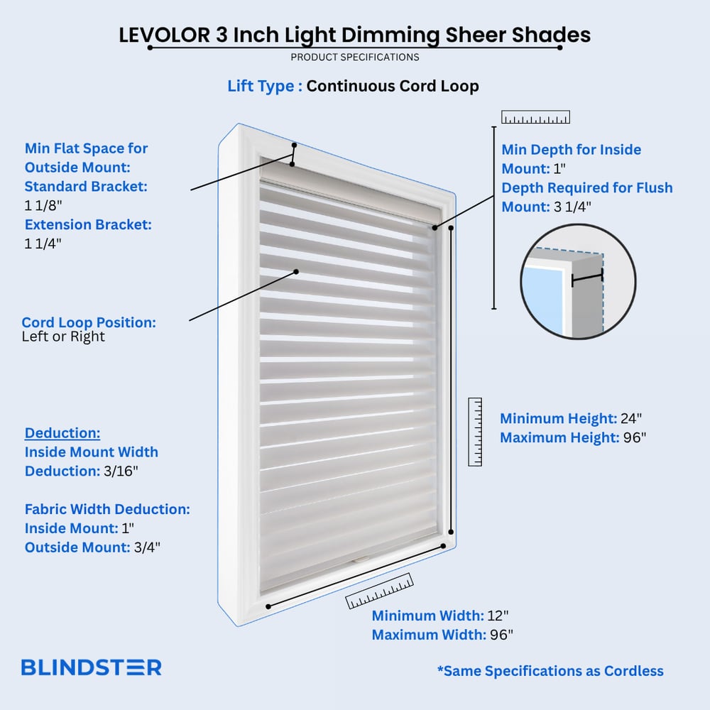 LEVOLOR 3 Inch Light Dimming Sheer Shades dimensions diagram 1 of 3
