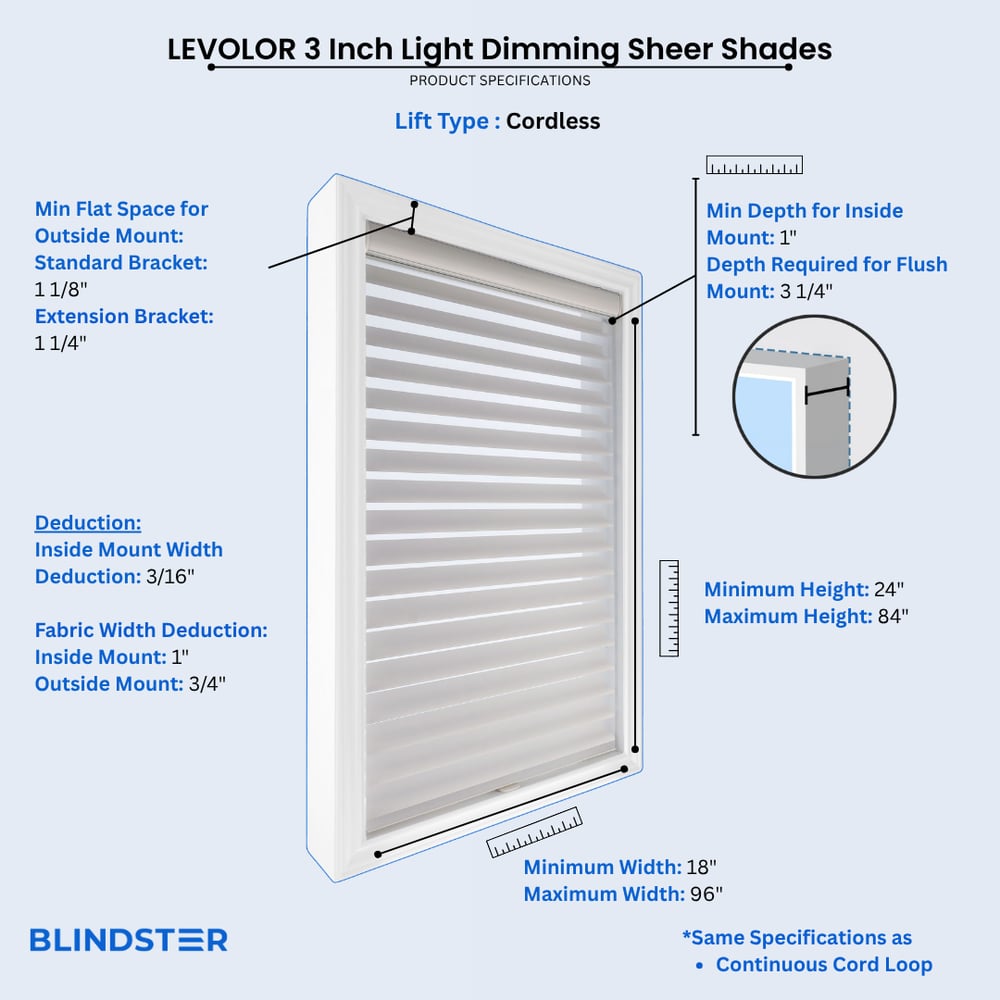 LEVOLOR 3 Inch Light Dimming Sheer Shades dimensions diagram 2 of 3