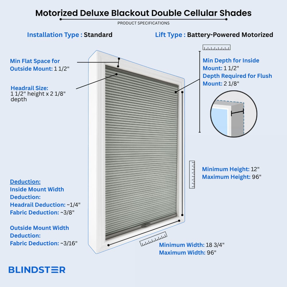 Motorized Deluxe Blackout Double Cellular Shades dimensions diagram 1 of 2