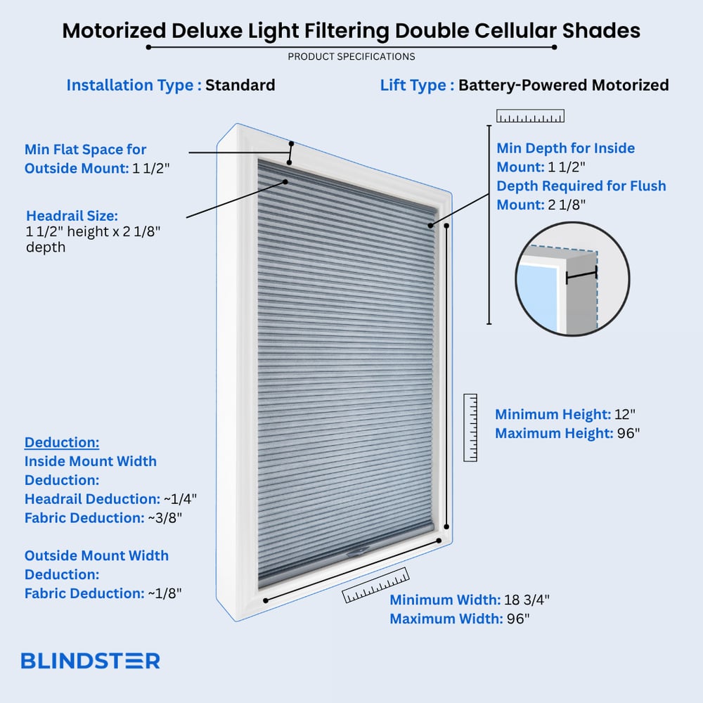 Motorized Deluxe Light Filtering Double Cellular Shades dimensions diagram 1 of 2