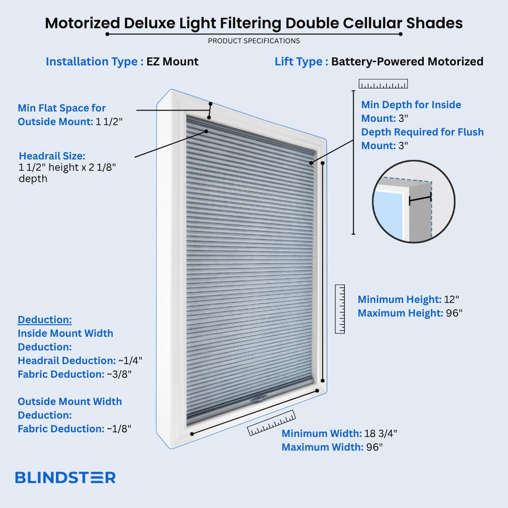 Motorized Deluxe Light Filtering Double Cellular Shades dimensions diagram 2 of 2