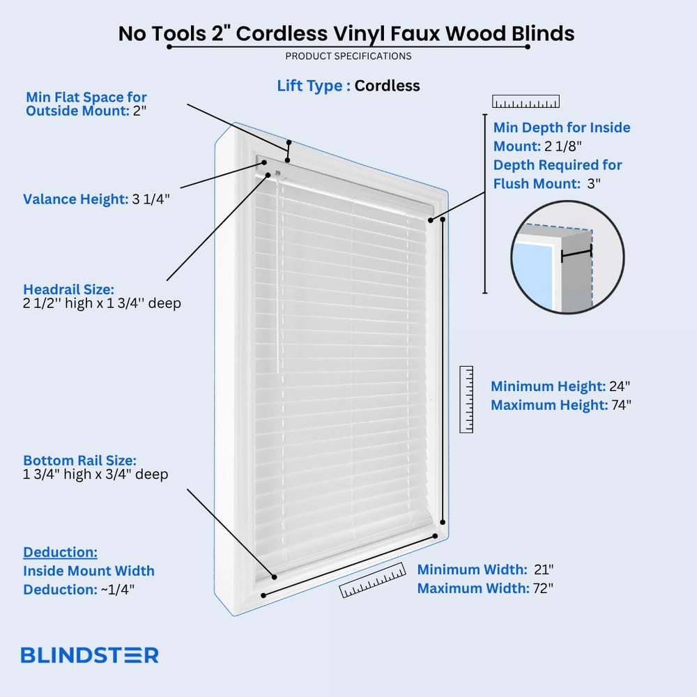 No Tools 2 Inch Cordless Vinyl Faux Wood Blinds dimensions diagram