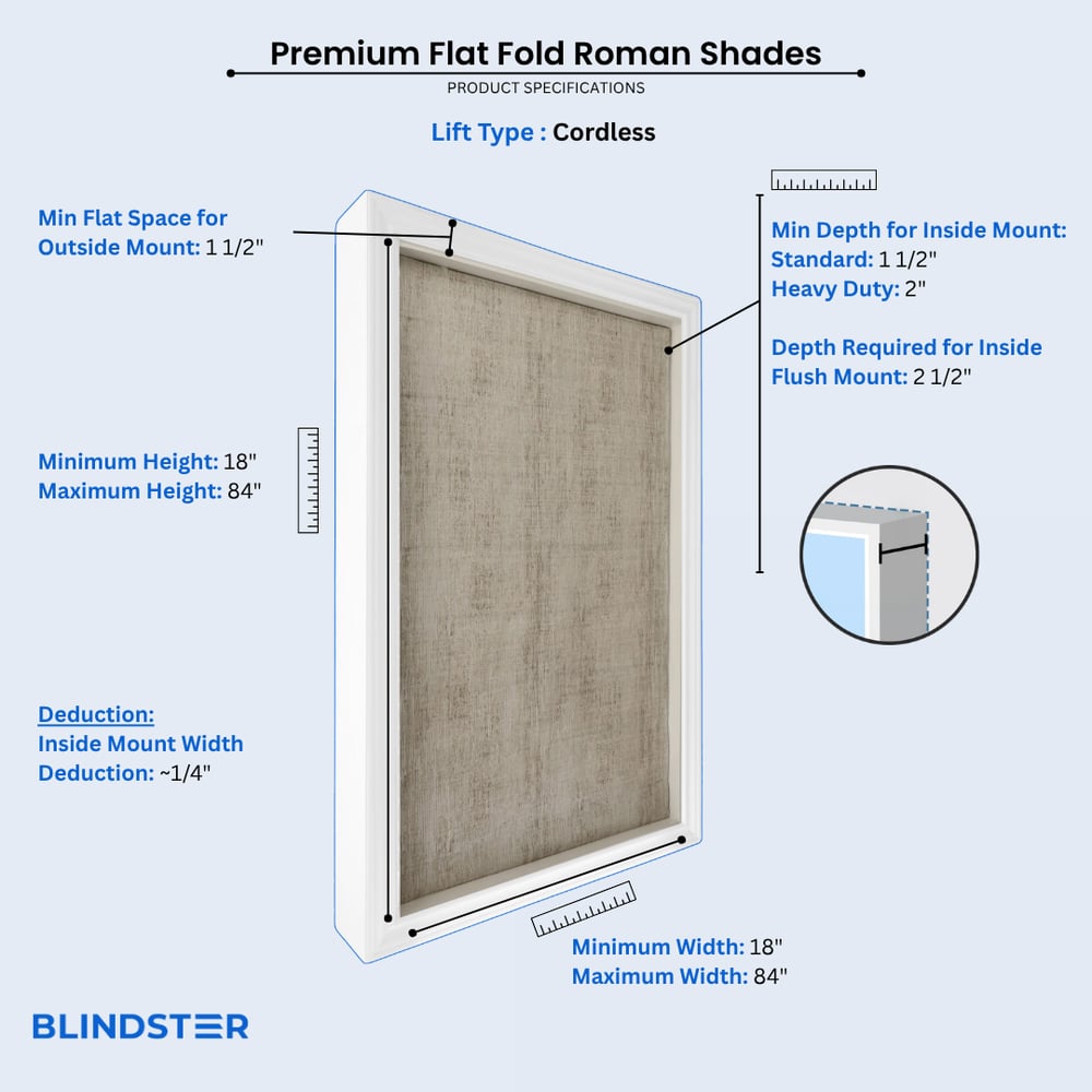 Premium Flat Fold Roman Shades dimensions diagram 1 of 3