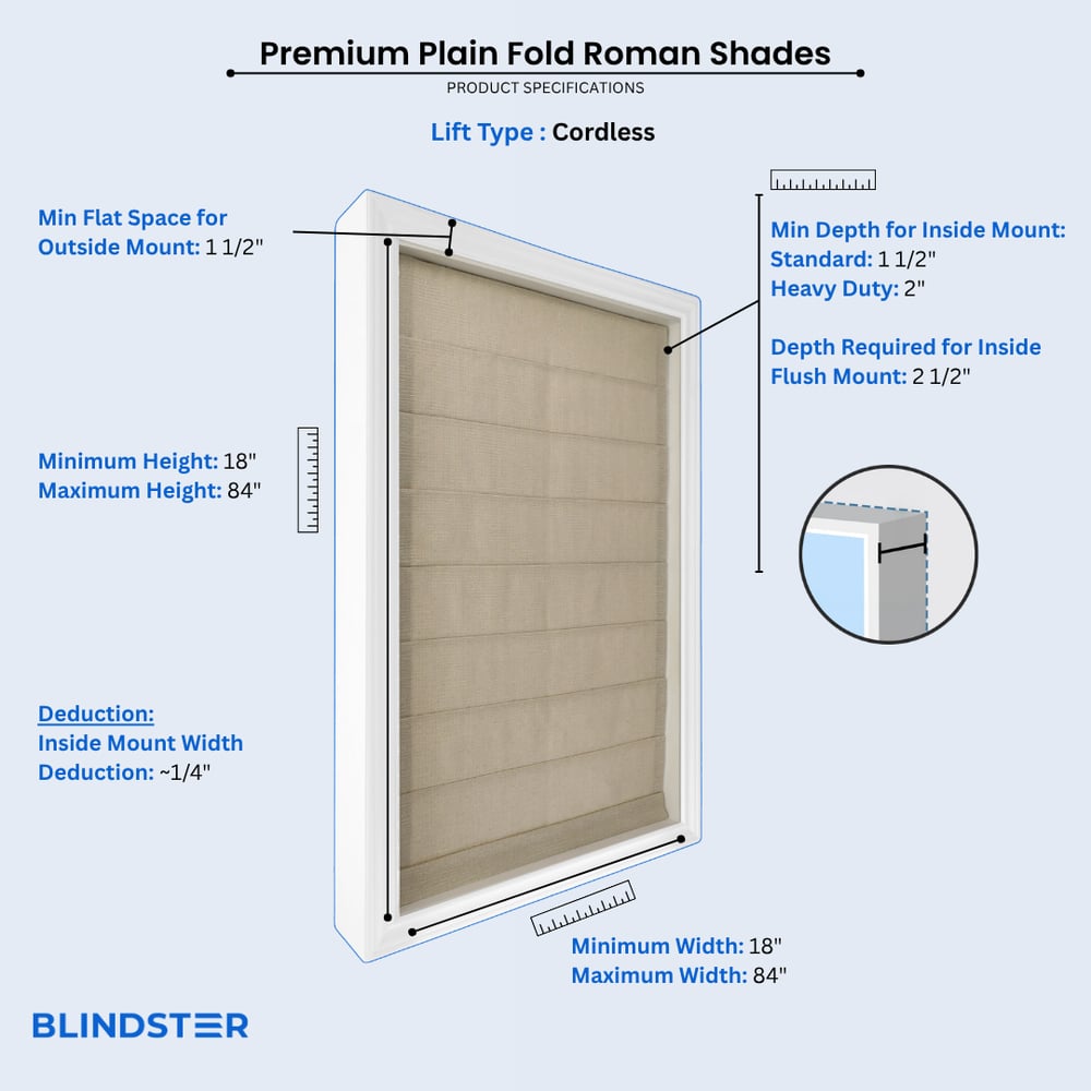 Premium Plain Fold Roman Shades dimensions diagram 1 of 3