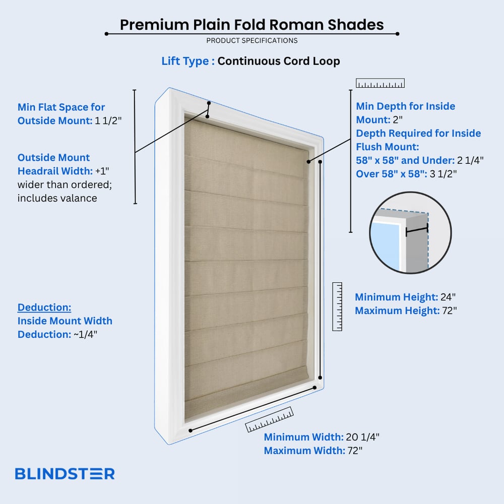 Premium Plain Fold Roman Shades dimensions diagram 2 of 3