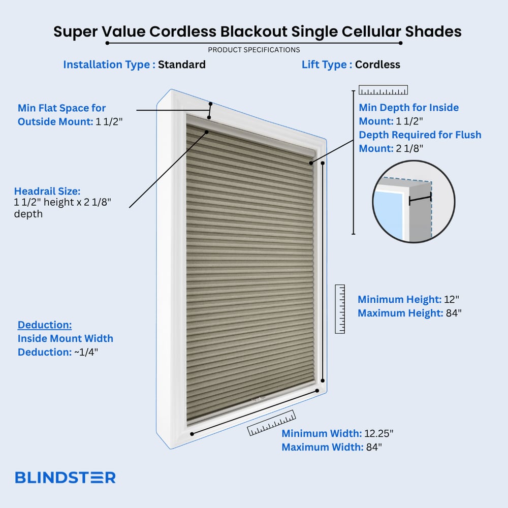 Super Value Cordless Blackout Single Cellular Shades dimensions diagram 1 of 2