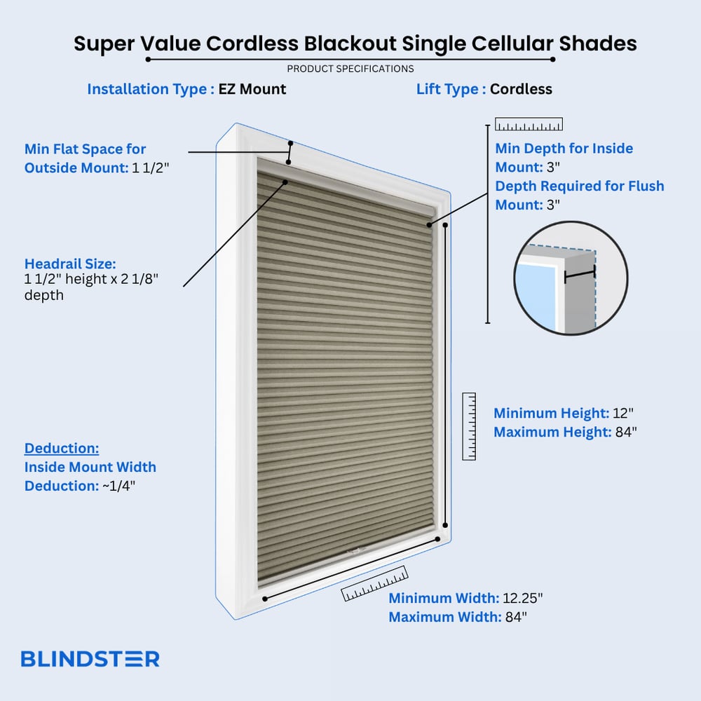 Super Value Cordless Blackout Single Cellular Shades dimensions diagram 2 of 2