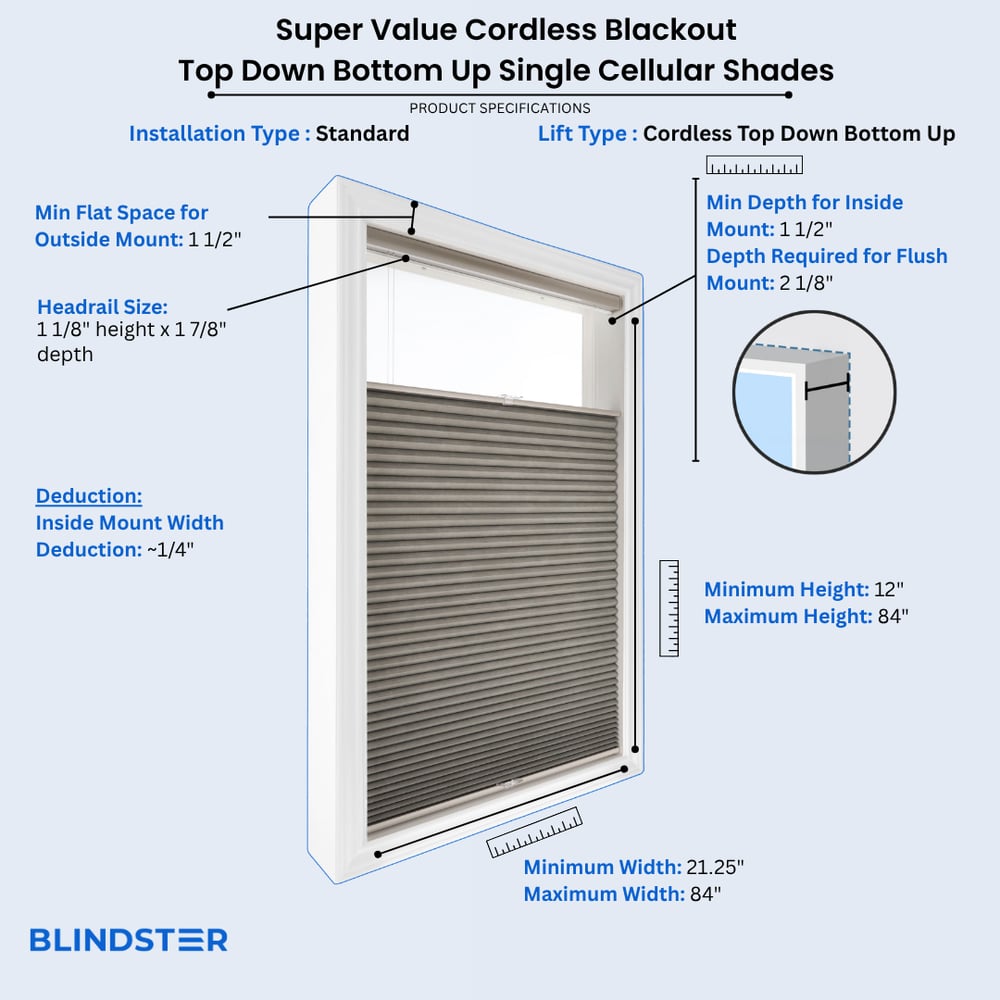 Super Value Cordless Blackout Top Down Bottom Up Single Cellular Shades dimensions diagram 1 of 2