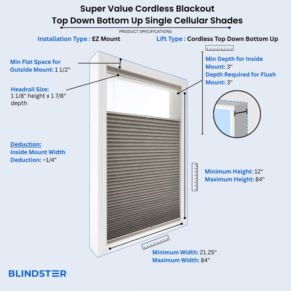 Super Value Cordless Blackout Top Down Bottom Up Single Cellular Shades dimensions diagram 2 of 2