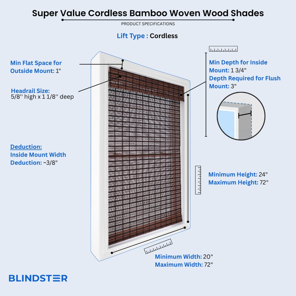 Super Value Cordless Bamboo Woven Wood Shades dimensions diagram