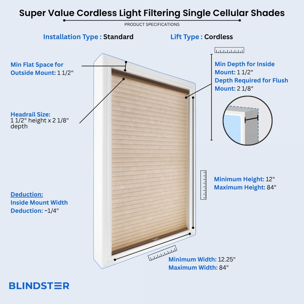 Super Value Cordless Light Filtering Single Cellular Shades dimensions diagram 1 of 2