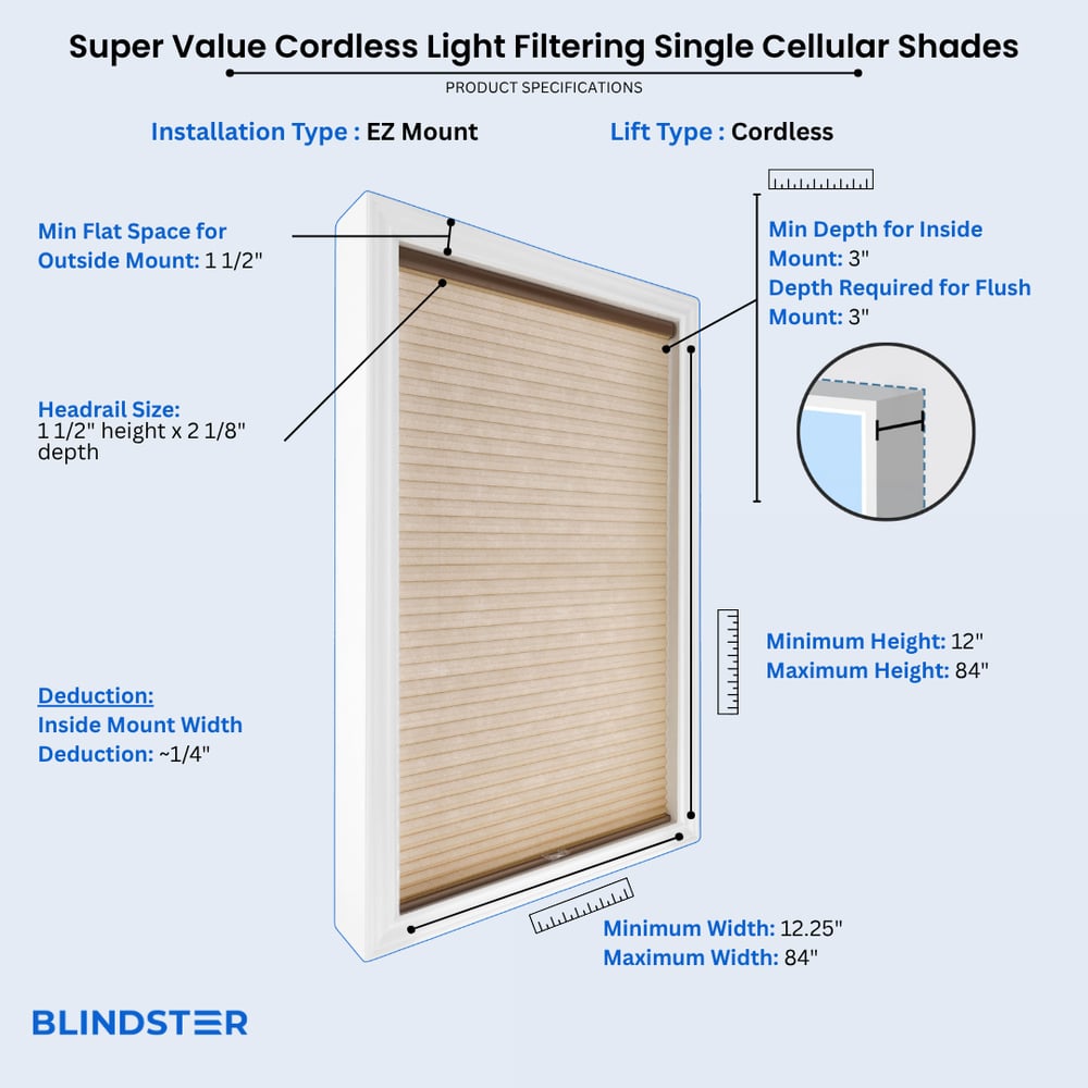 Super Value Cordless Light Filtering Single Cellular Shades dimensions diagram 2 of 2