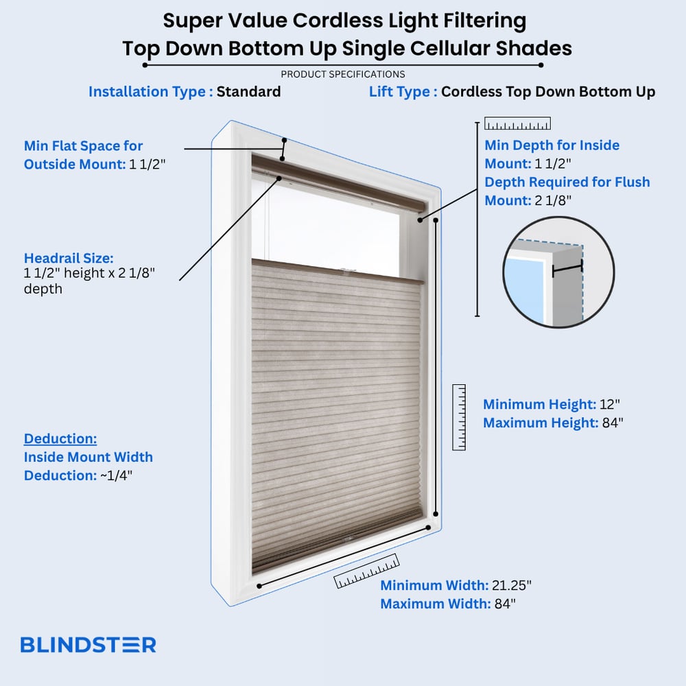 Super Value Cordless Light Filtering Top Down Bottom Up Single Cellular Shades dimensions diagram 1 of 2