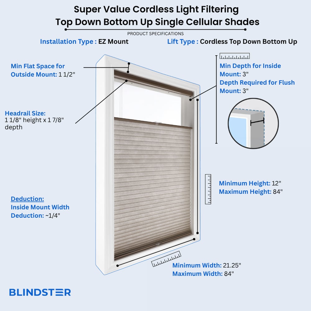 Super Value Cordless Light Filtering Top Down Bottom Up Single Cellular Shades dimensions diagram 2 of 2