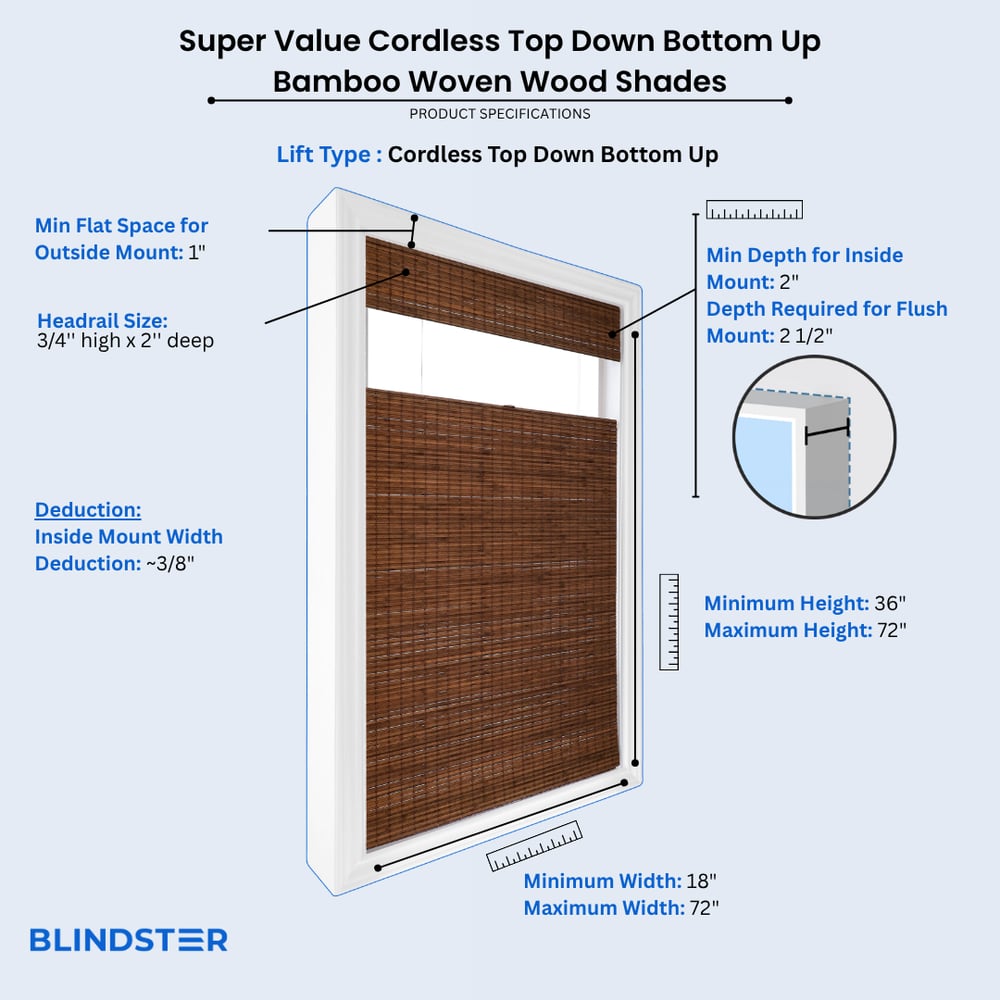 Super Value Cordless Top Down Bottom Up Bamboo Woven Wood Shades dimensions diagram