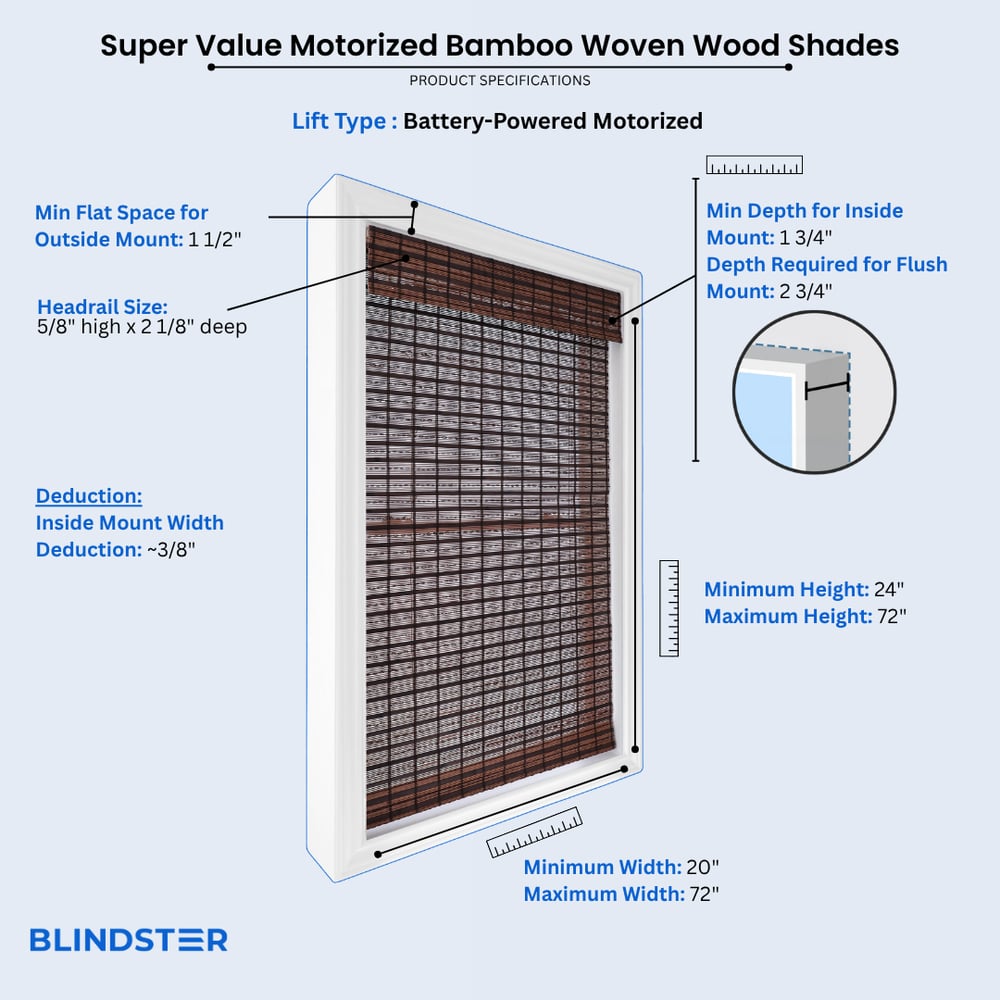 Super Value Motorized Bamboo Woven Wood Shades dimensions diagram