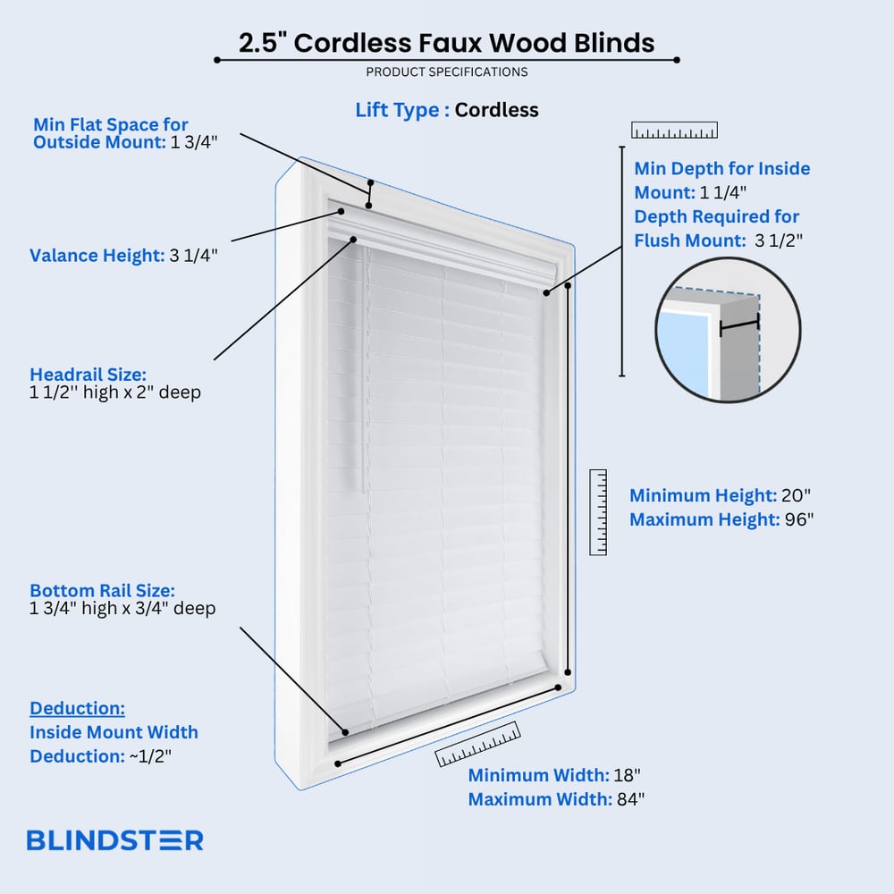 2 1/2 Inch Cordless Faux Wood Blinds dimensions diagram