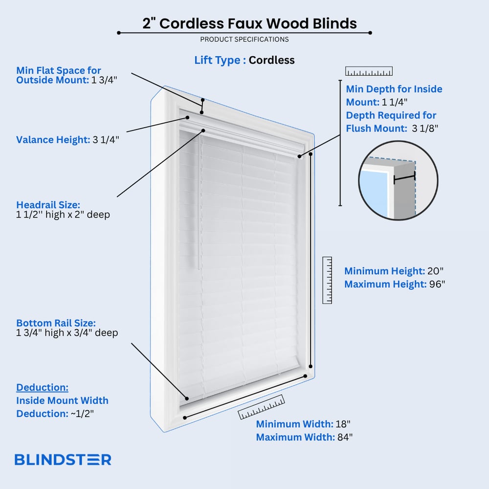 2 Inch Cordless Faux Wood Blinds dimensions diagram