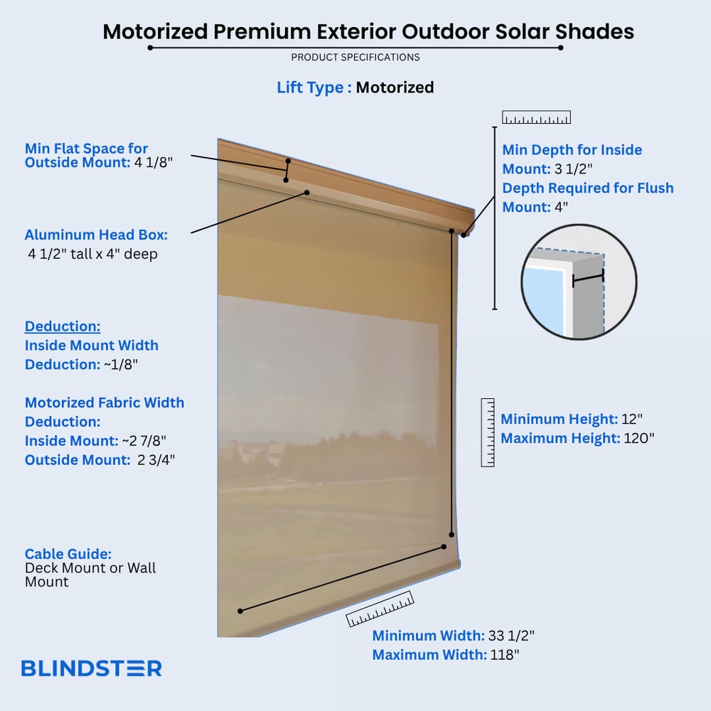 Motorized Premium Exterior Outdoor Solar Shades dimensions diagram