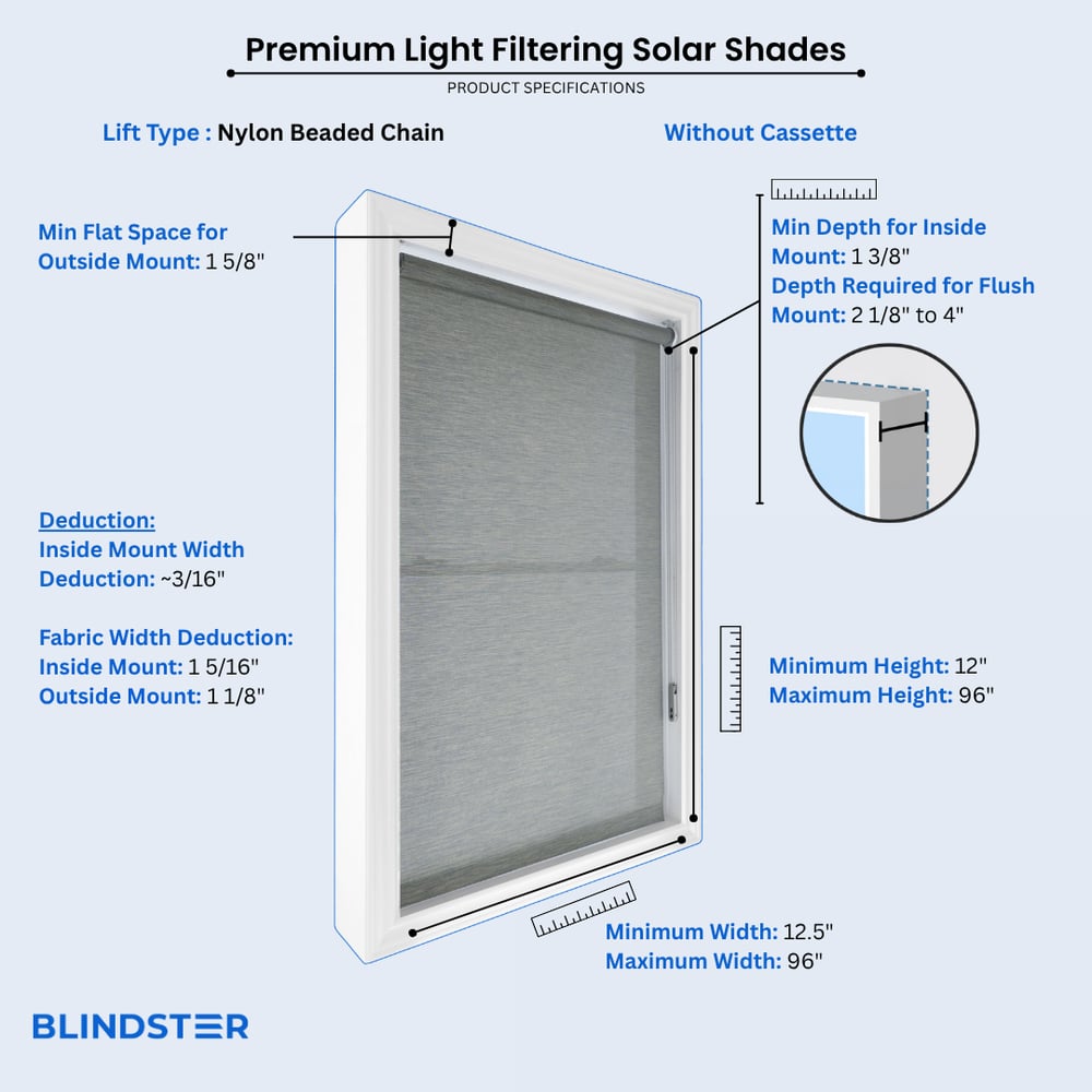 Premium Light Filtering Solar Shades  dimensions diagram 1 of 6
