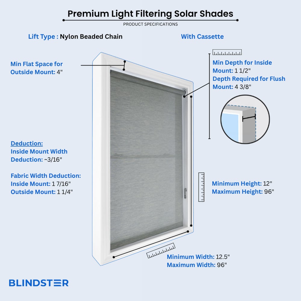 Premium Light Filtering Solar Shades  dimensions diagram 2 of 6