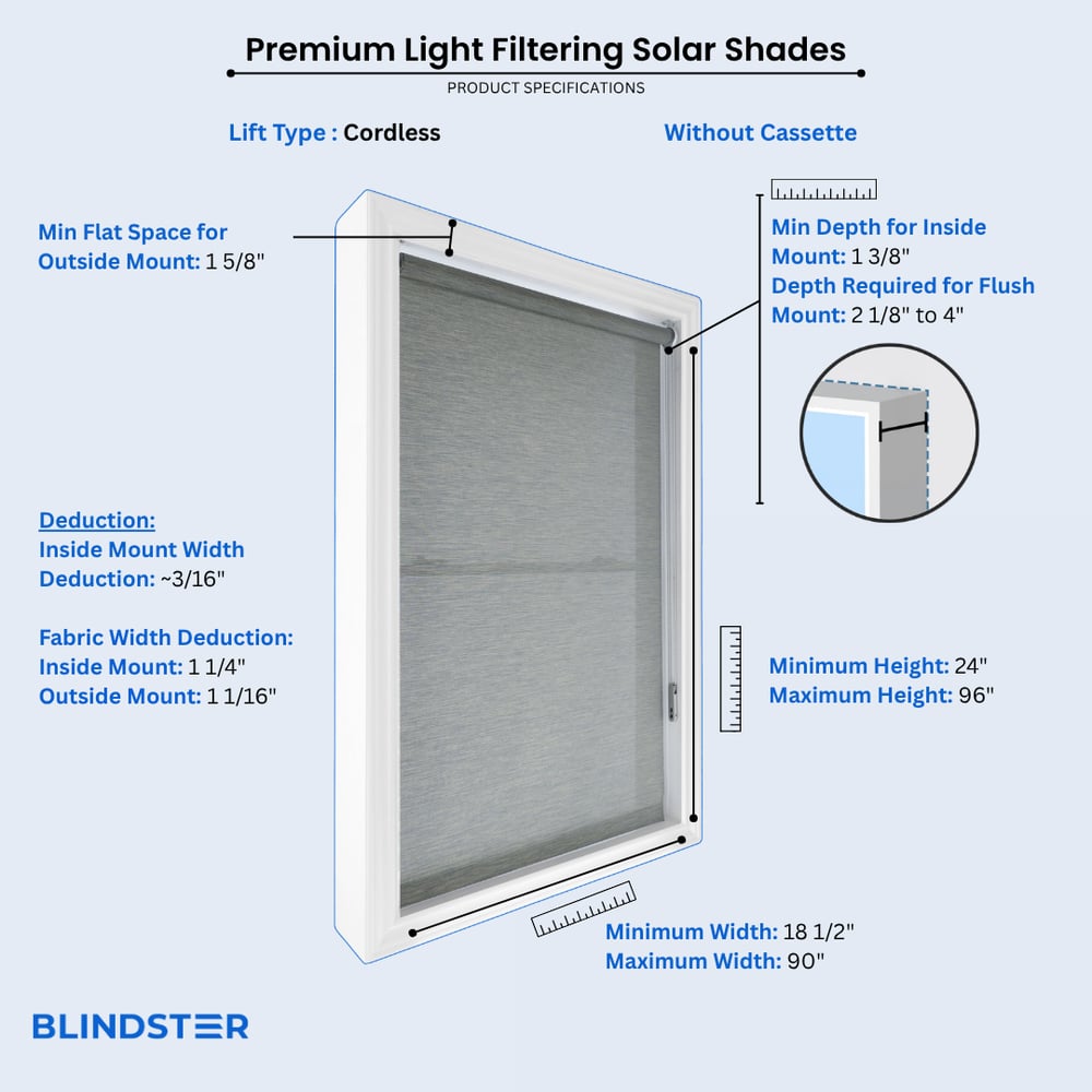 Premium Light Filtering Solar Shades  dimensions diagram 3 of 6