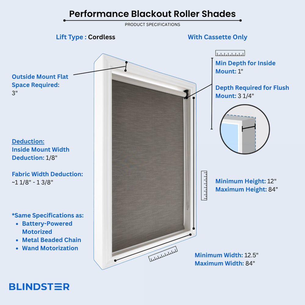 Performance Blackout Fabric Roller Shades dimensions diagram 1 of 7
