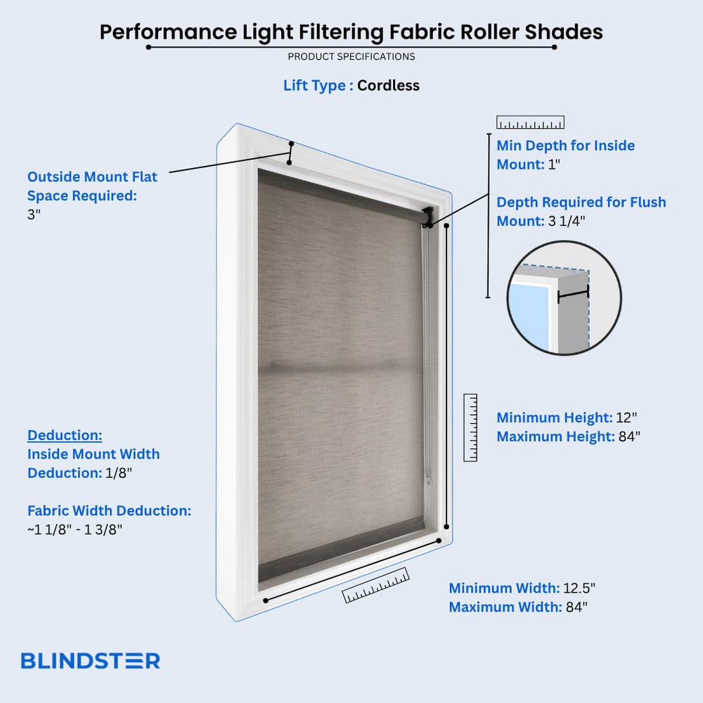 Performance Light Filtering Fabric Roller Shades dimensions diagram 2 of 4