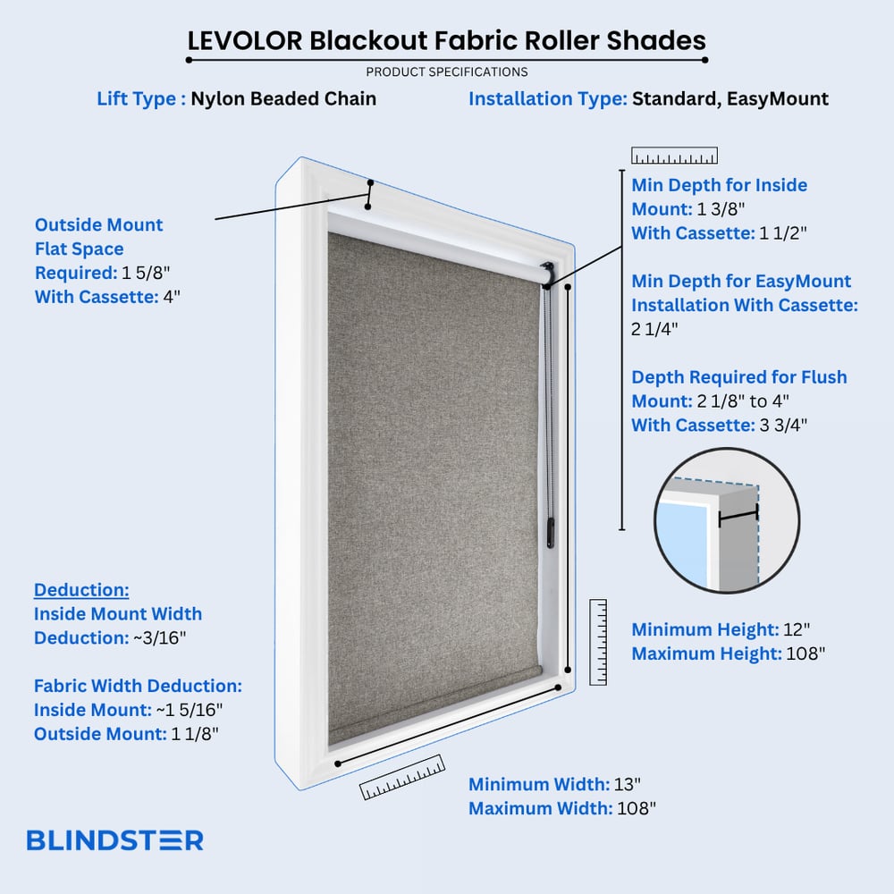 LEVOLOR Blackout Fabric Roller Shades dimensions diagram 1 of 3