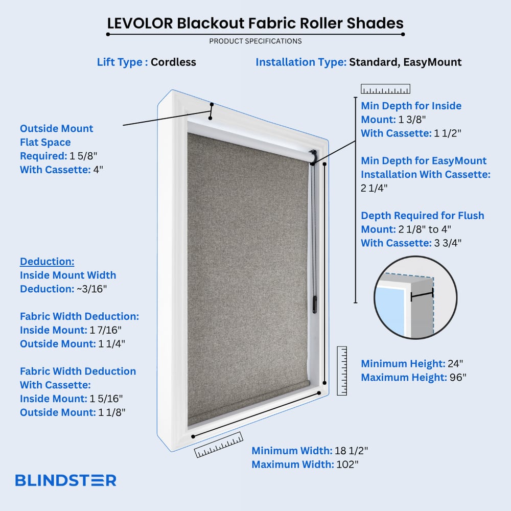 LEVOLOR Blackout Fabric Roller Shades dimensions diagram 2 of 3