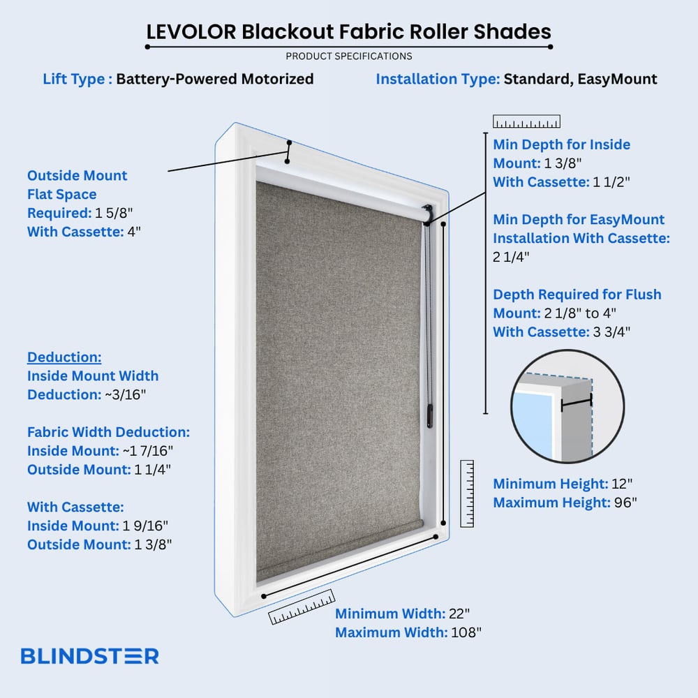LEVOLOR Blackout Fabric Roller Shades dimensions diagram 3 of 3