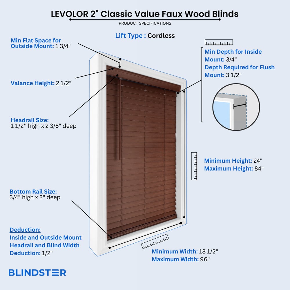 LEVOLOR 2 Inch Classic Value Faux Wood Blinds dimensions diagram