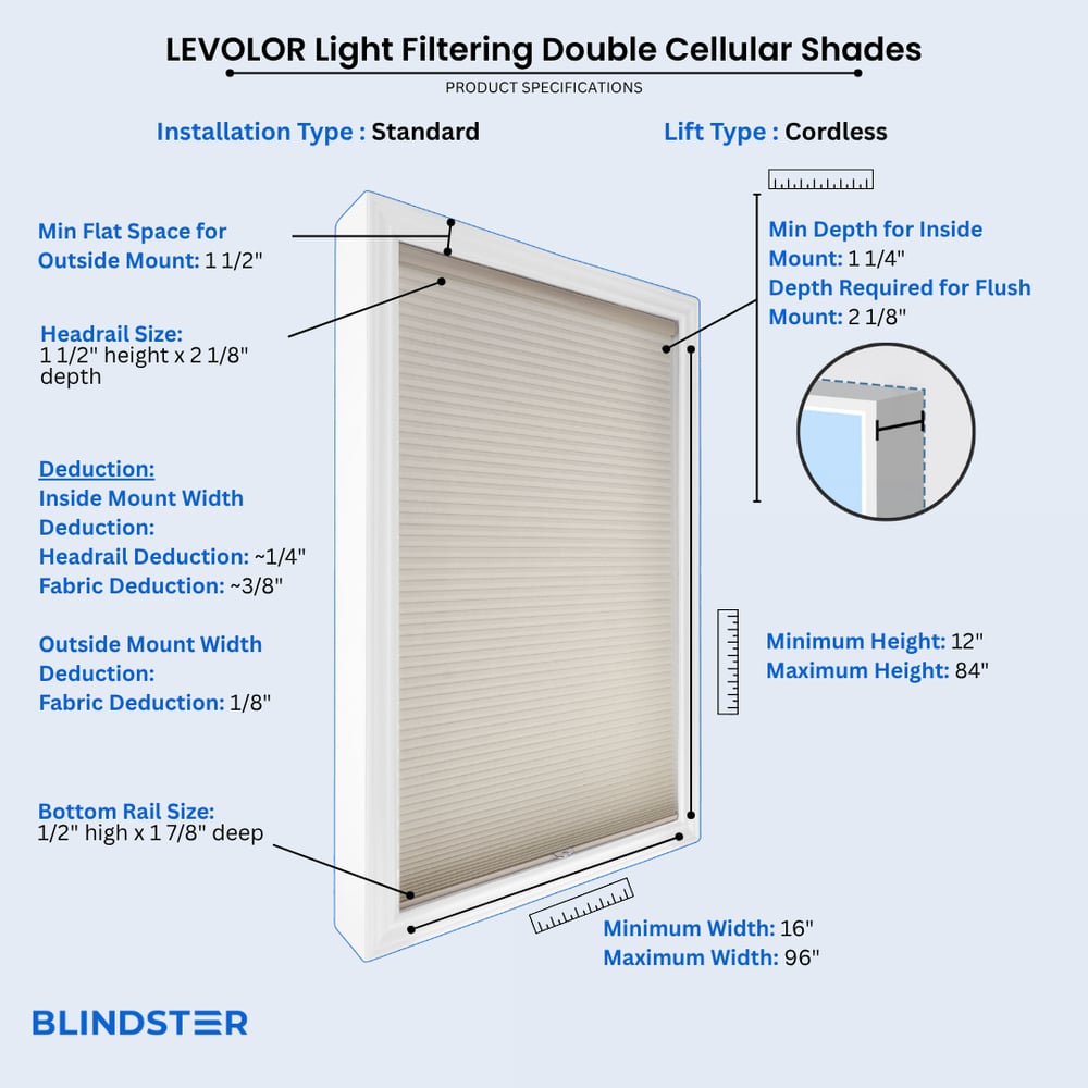 LEVOLOR Light Filtering Double Cellular Shades dimensions diagram 1 of 10