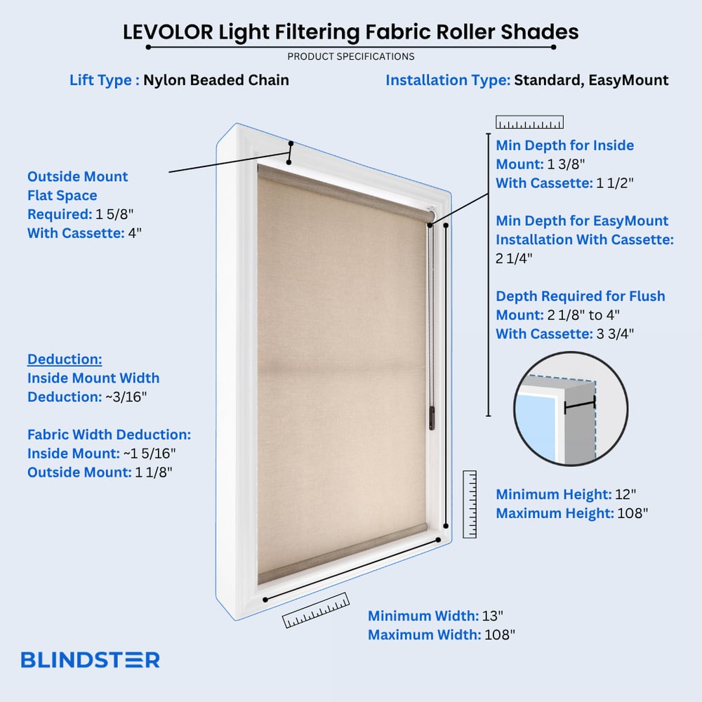 LEVOLOR Light Filtering Fabric Roller Shades dimensions diagram 1 of 3