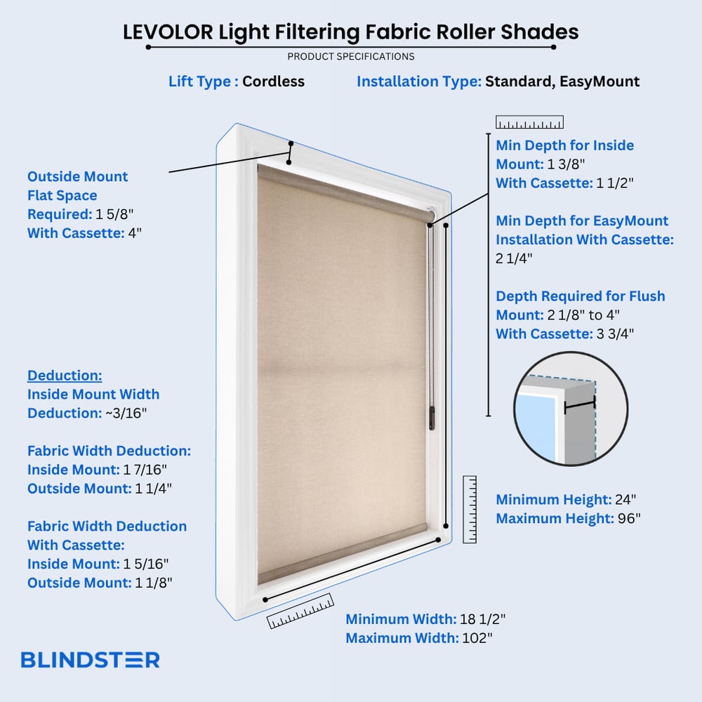 LEVOLOR Light Filtering Fabric Roller Shades dimensions diagram 2 of 3