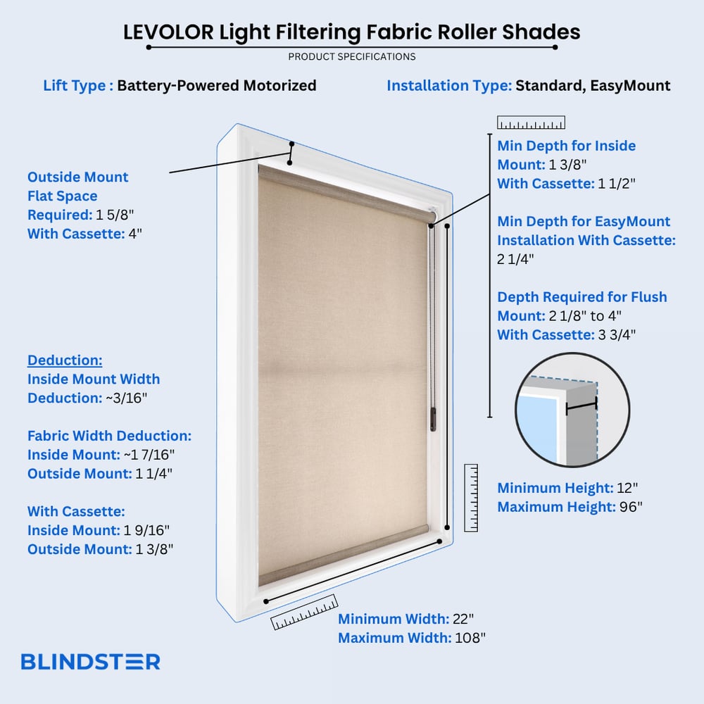 LEVOLOR Light Filtering Fabric Roller Shades dimensions diagram 3 of 3