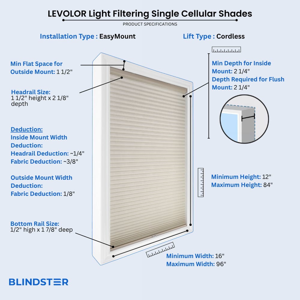 LEVOLOR Light Filtering Single Cellular Shades dimensions diagram 2 of 10
