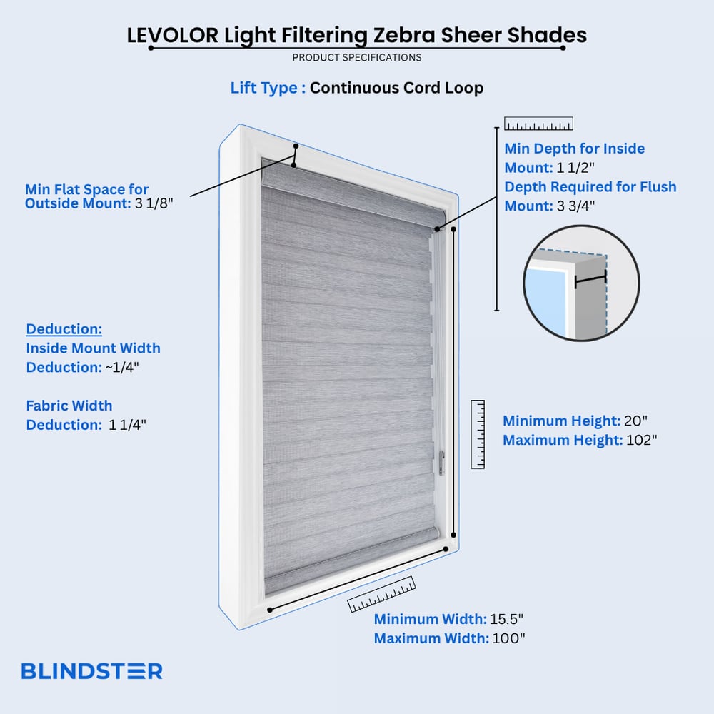 LEVOLOR Light Filtering Zebra Sheer Shades dimensions diagram 1 of 3