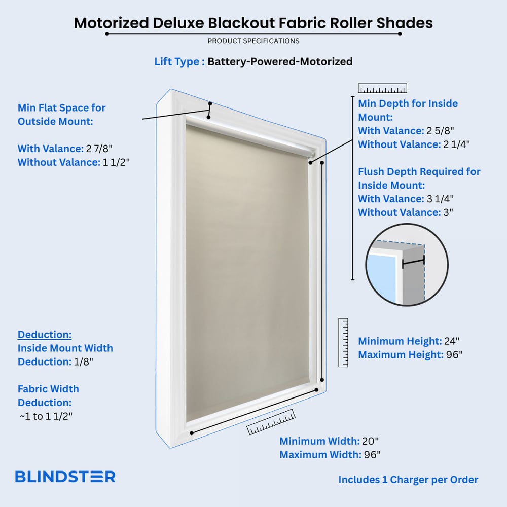 Motorized Deluxe Blackout Fabric Roller Shades dimensions diagram