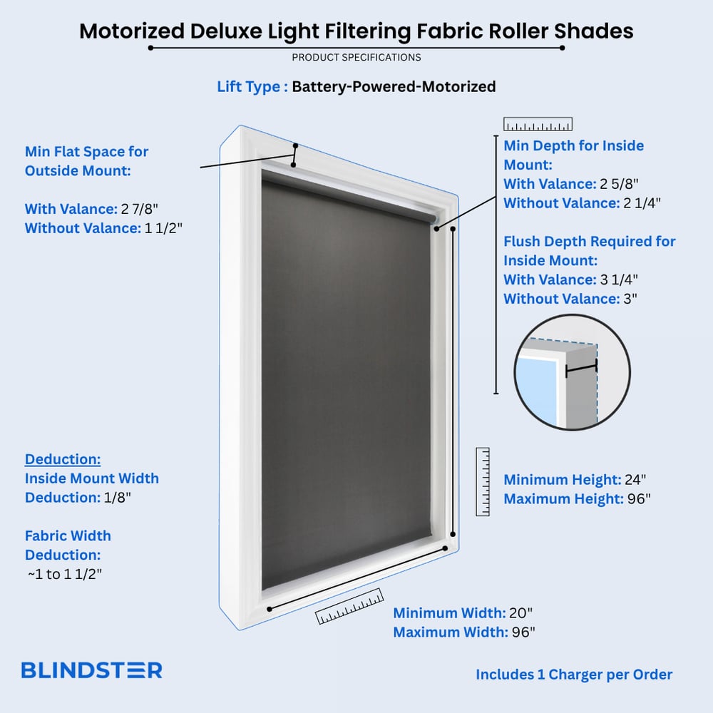 Motorized Deluxe Light Filtering Fabric Roller Shades dimensions diagram