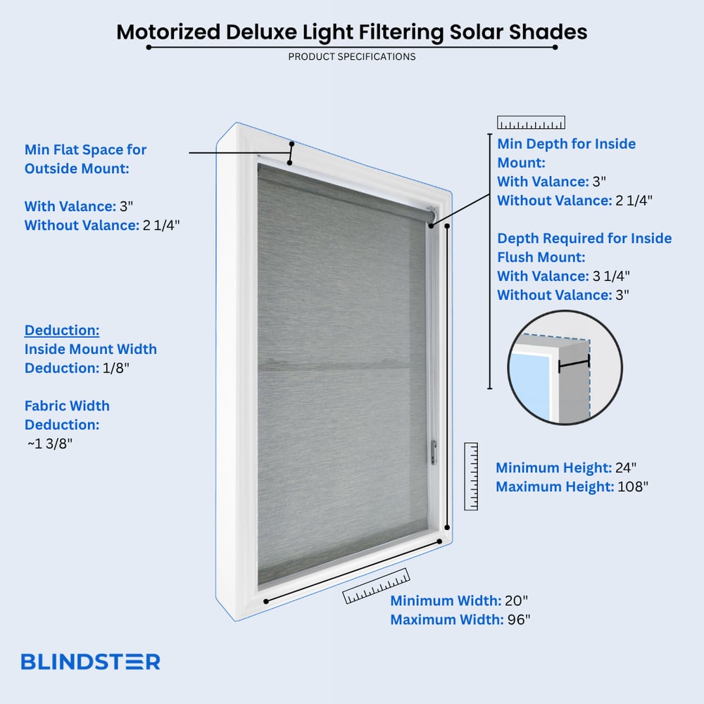 Motorized Deluxe Light Filtering Solar Shades dimensions diagram
