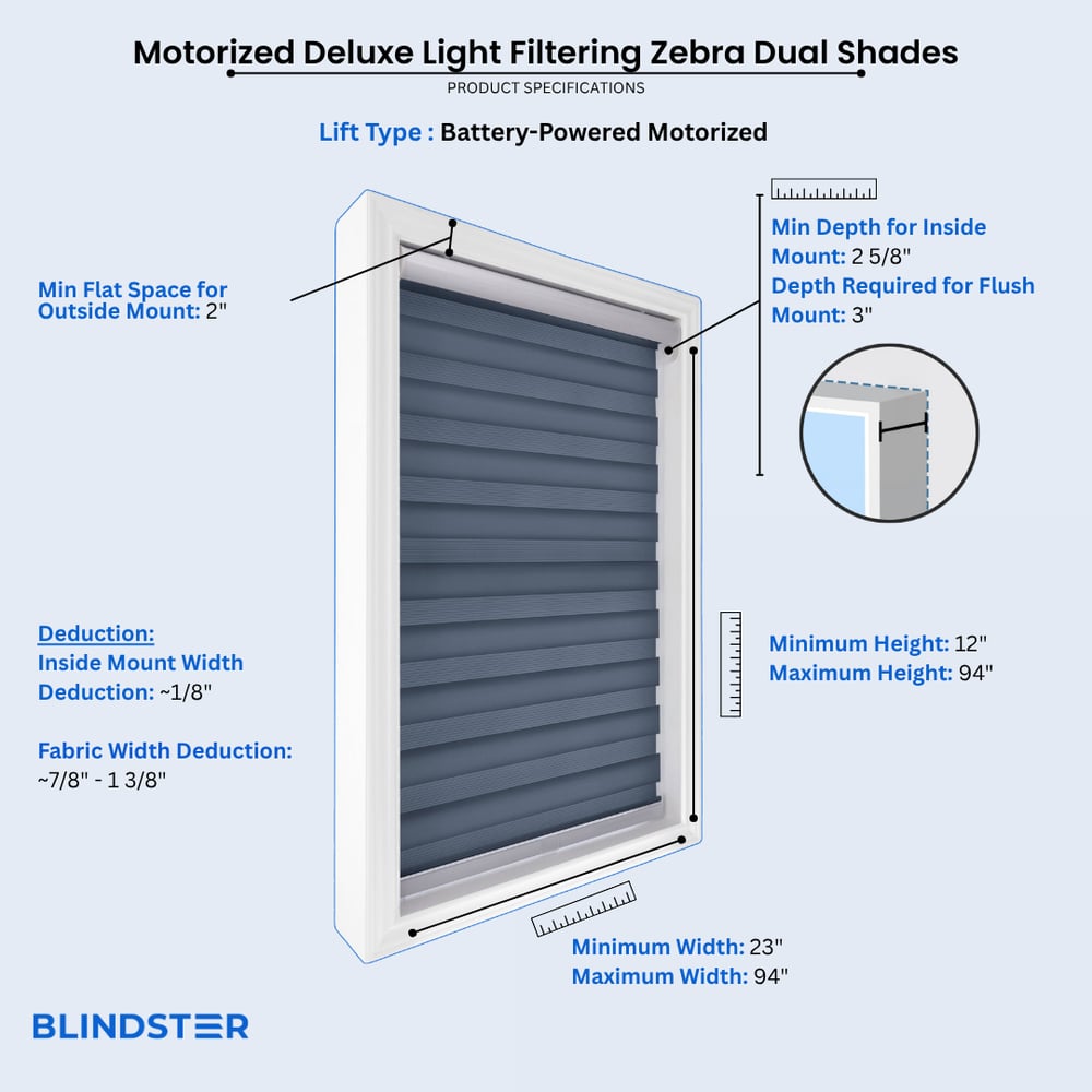 Motorized Deluxe Light Filtering Zebra Dual Shades dimensions diagram