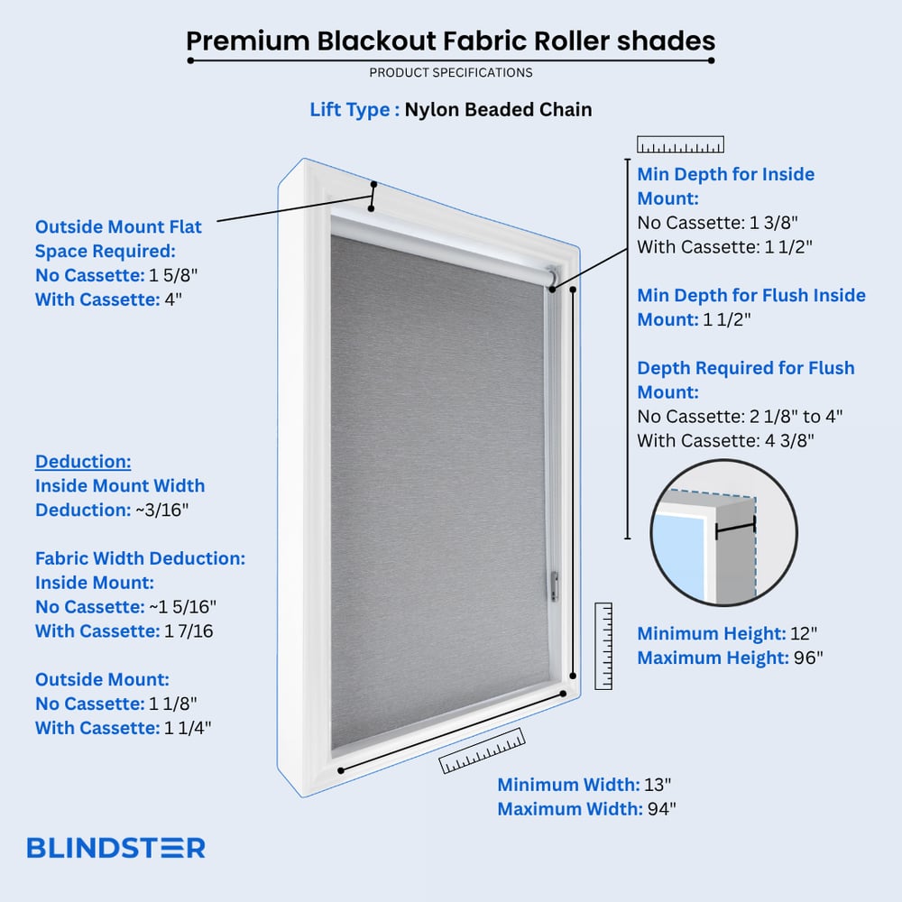 Premium Blackout Fabric Roller Shades dimensions diagram 1 of 3