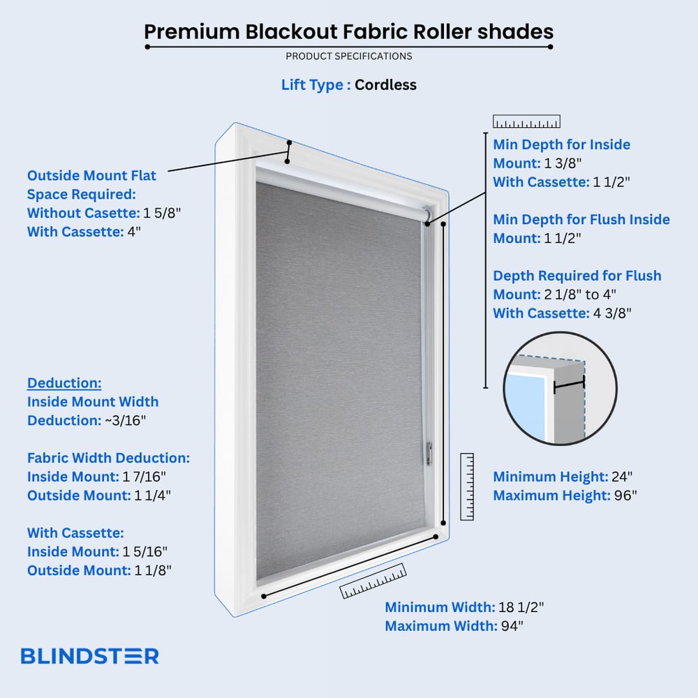 Premium Blackout Fabric Roller Shades dimensions diagram 2 of 3